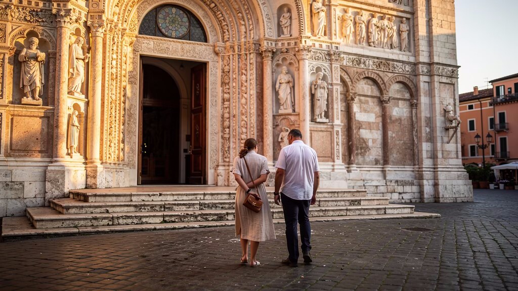 A couple walking toward an ornate cathedral facade in Italy