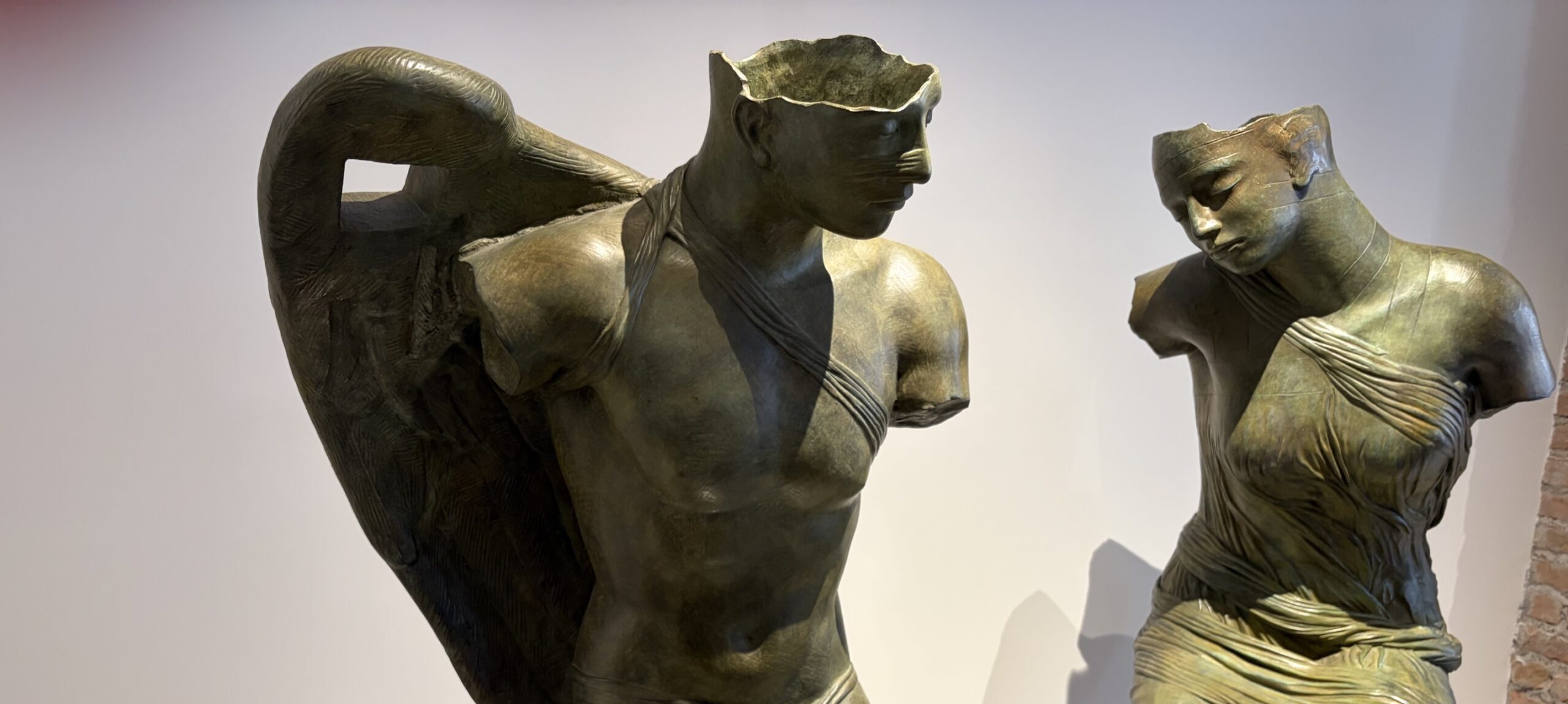 Igor Mitoraj bronze sculpture of an angel facing the Virgin Mary